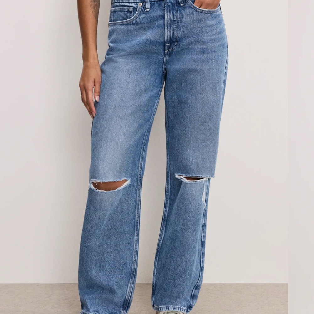 Good American Blue Distressed Flare Jeans